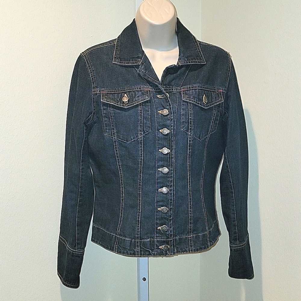 CHICO’S VINTAGE DENIM JACKET WITH THE AMERICAN FLAG ON THE BACK